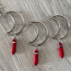 Silver Crescent Moon Hair Clips with Red Stone